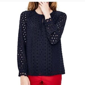 Boden Broderie French Navy Scalloped Eyelet Long Sleeve Blouse